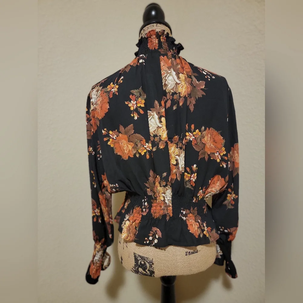 (NWT) Shinestar Black and Orange Floral Blouse - Picture 2 of 4